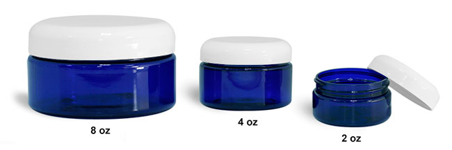 Plastic Laboratory Jars, Blue PET Heavy Wall Jars w/ Lined White Dome Caps