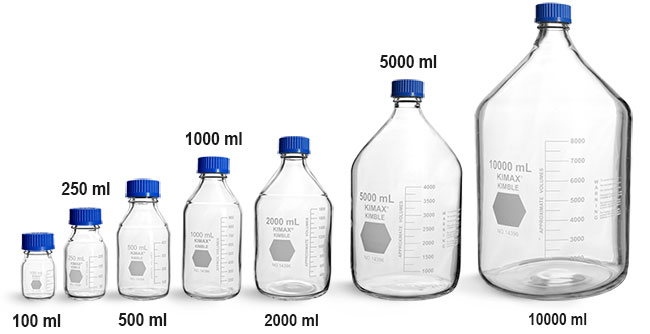 Lab Bottles, Media Bottles, Glass Safety Coated Media Bottles w/ Blue Caps 