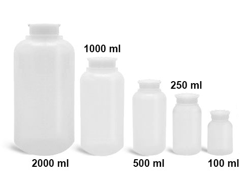 Laboratory Plastic Bottles, Natural LDPE Wide Mouth Leak Proof Water Bottles w/ Plug Seal Caps      