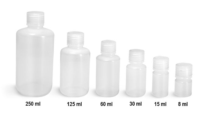 Lab Bottles, Leak Proof, Natural LDPE Narrow Mouth Water Bottles w/ Plastic Caps  