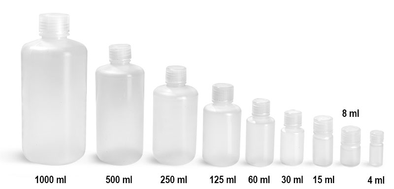 Lab Bottles, Leak Proof, Natural Polypropylene Narrow Mouth Water Bottles w/ Plastic Caps        