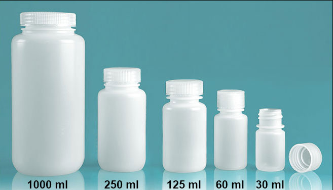 Lab Bottles, Leak Proof, Natural HDPE Wide Mouth Water Bottles w/ Plastic Caps   