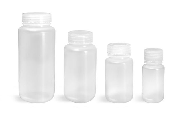 Lab Bottles, Leak Proof, Natural Polypro Wide Mouth Water Bottles w/ Plastic Caps
