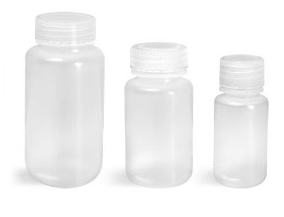 Lab Bottles, Leak Proof, Natural Polypro Wide Mouth Water Bottles w/ Plastic Caps