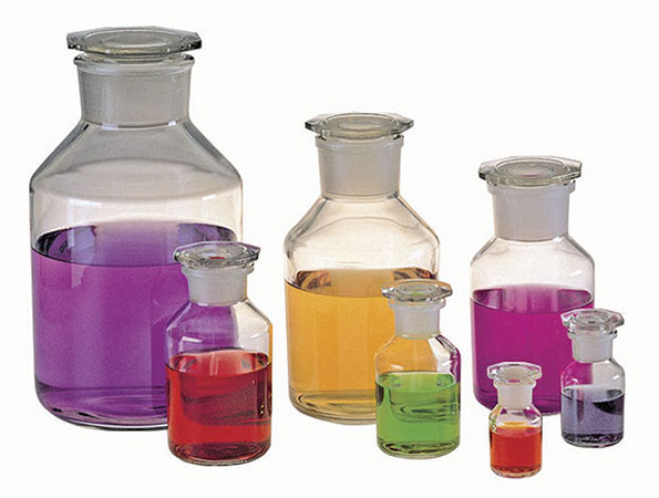 Glass Laboratory Bottles, Wide Mouth Clear Glass Reagent Bottles w/ Ground Glass Stoppers