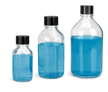 Clear Glass Media Bottles w/ PE Lined Black Phenolic Caps