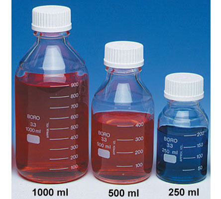 Glass Laboratory Bottles, Lab 45 Safety-Coated Glass Media/Reagent Bottles w/ Screw Caps