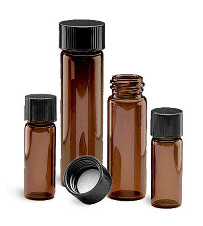 Glass Lab Vials, Amber Glass E-C Sample Lab Vials w/ Black Phenolic Rubber Lined Caps