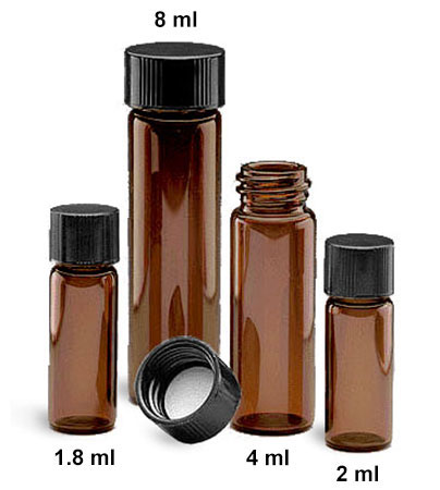 Glass Lab Vials, Amber Glass E-C Sample Lab Vials w/ Black Phenolic Rubber Lined Caps 