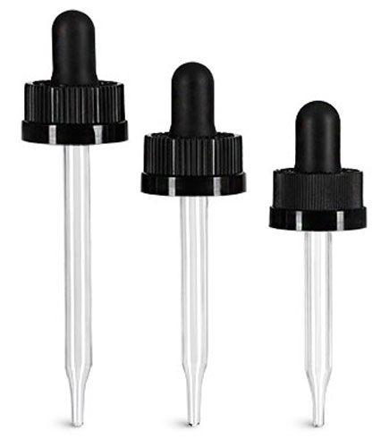 Child Resistant Caps, Black Child Resistant Droppers w/ Glass Pipettes