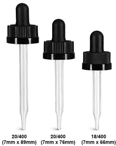 Child Resistant Caps, Black Child Resistant Droppers w/ Glass Pipettes          