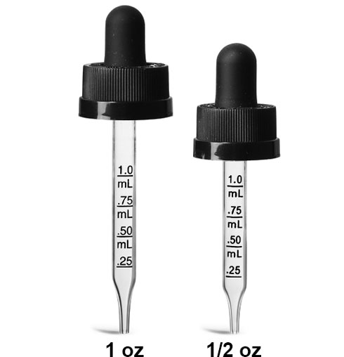 Child Resistant Caps, Black Child Resistant Graduated Droppers w/ Glass Pipettes 