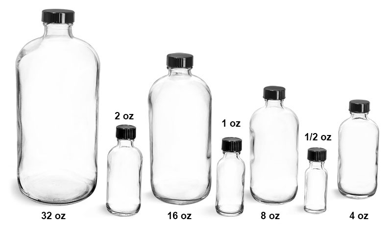 Glass Laboratory Bottles, Clear Glass Round Bottles w/ Black Cone Lined Caps 