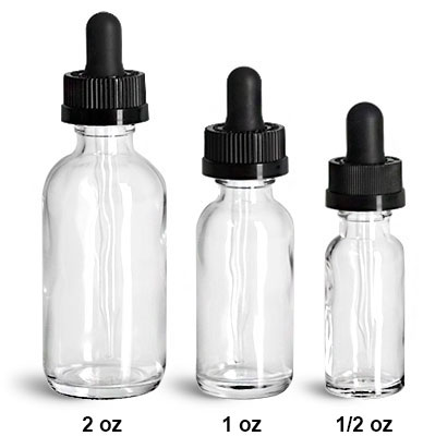Glass Dropper Bottles, Clear Glass Boston Round Bottles w/ Black Child Resistant Glass Droppers    