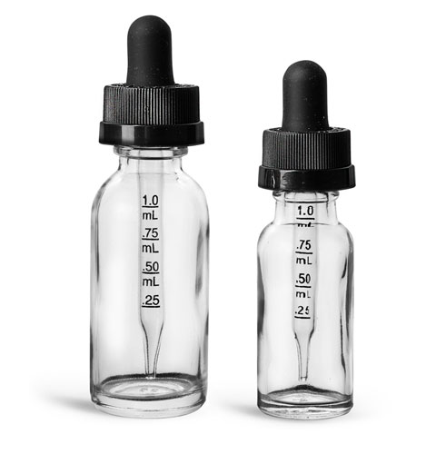 Laboratory Glass Bottles, Clear Glass Boston Round Bottles w/ Black Child Resistant Graduated Droppers 