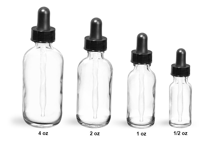 Glass Laboratory Bottles, Flint Rounds with Black Bulb Glass Droppers