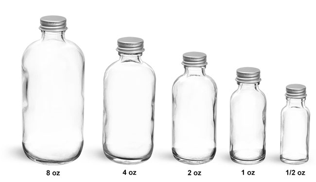 Glass Laboratory Bottles, Clear Glass Rounds w/ Lined Aluminum Caps