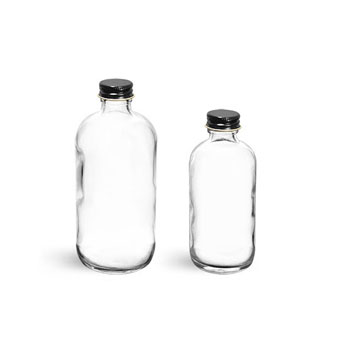 8 oz Clear Boston Round Glass Bottle with Black Cap