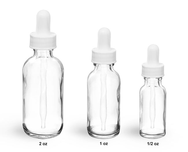 Glass Bottles, Clear Glass Rounds with White Bulb Glass Droppers