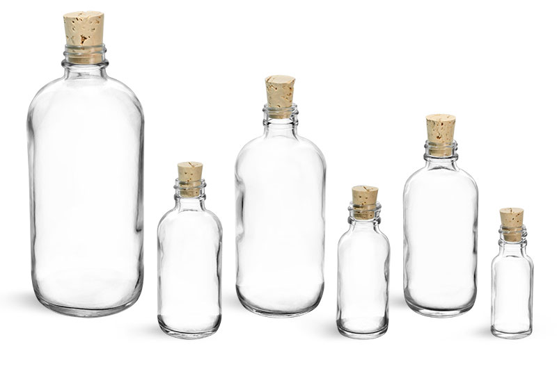  Clear Glass Round Bottles w/ Cork Stoppers 