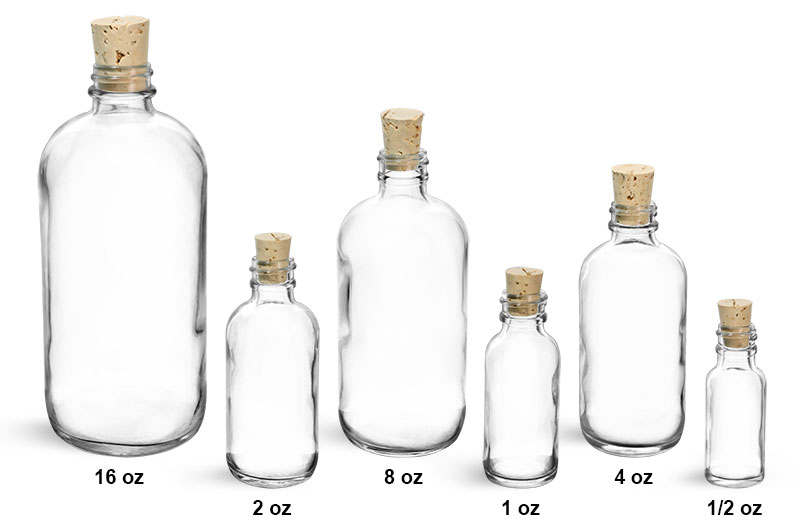 Glass Laboratory Bottles, Clear Glass Round Bottles w/ Cork Stoppers  