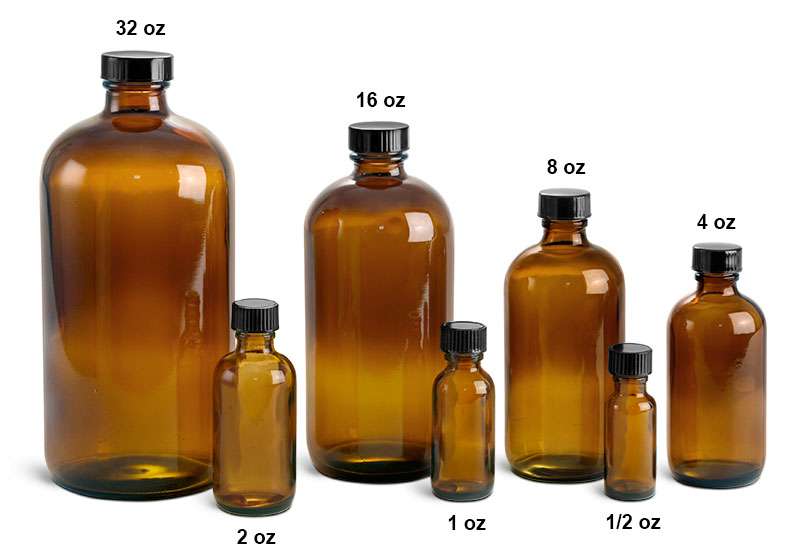 Amber Glass Laboratory Round Bottles w/ Black Cone Lined Caps