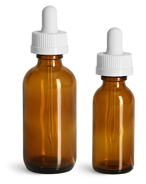 Laboratory Glass Bottles, Amber Glass Boston Rounds w/ Child Resistant Glass Droppers