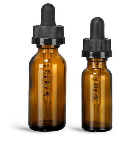 Laboratory Glass Bottles, Amber Glass Boston Round Bottles w/ Black Child Resistant Graduated Droppers