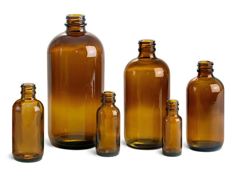Glass Laboratory Bottles, Amber Glass Boston Rounds (Bulk), Caps Not Included         