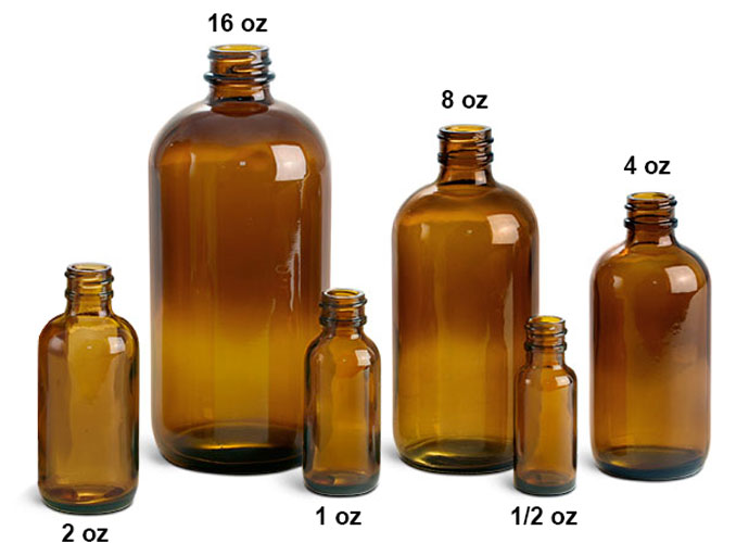 Glass Laboratory Bottles, Amber Glass Boston Rounds (Bulk), Caps Not Included         
