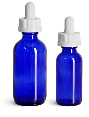 Laboratory Glass Bottles, Blue Glass Boston Rounds w/ White Child Resistant Glass Droppers