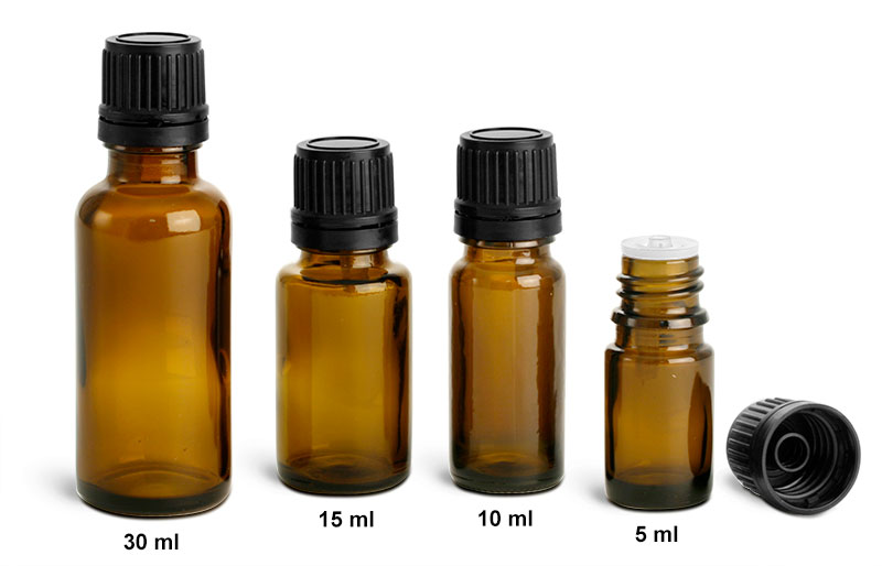 Glass Laboratory Bottles, Amber Euro Droppers w/ Black Tamper Evident Caps & Orifice Reducers