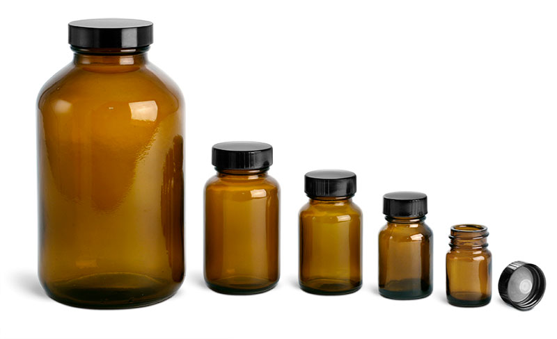 Amber Glass Lab Bottles w/ Black Caps