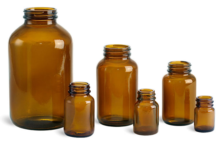 Glass Laboratory Bottles, Amber Glass Wide Mouth Pharmaceutical Rounds (Bulk), Caps Not Included
