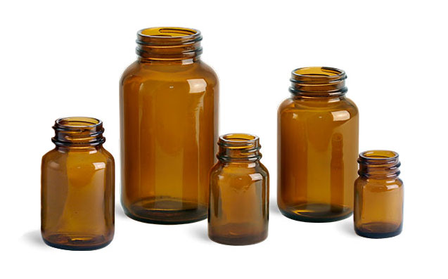 Glass Laboratory Bottles, Amber Glass Wide Mouth Pharmaceutical Rounds (Bulk), Caps Not Included
