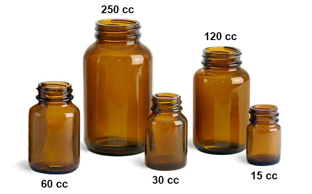 Glass Laboratory Bottles, Amber Glass Wide Mouth Pharmaceutical Rounds (Bulk), Caps Not Included 