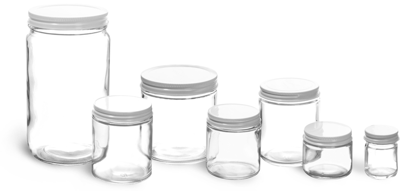 Glass Lab Jars w/ White Metal Plastisol Lined Caps
