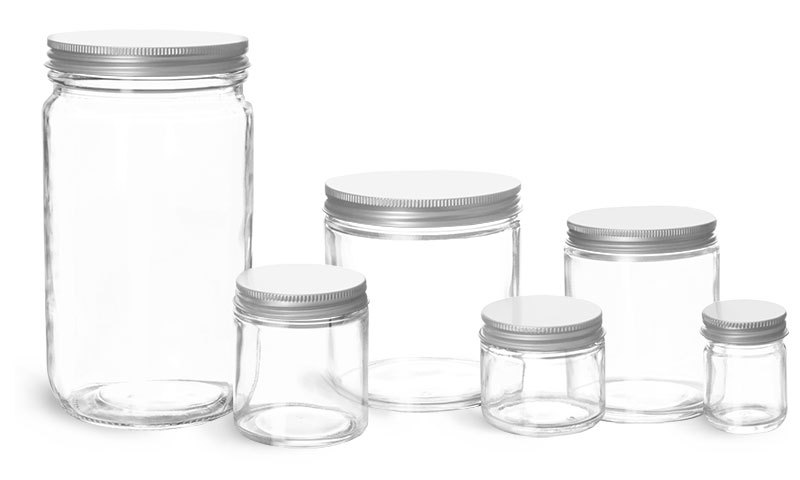 Clear Glass Lab Jars w/ Silver Aluminum PE Lined Caps