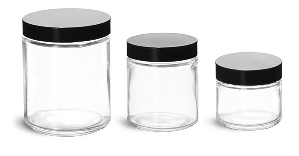  Laboratory Glass Jars, Clear Glass Straight Sided Jars w/ Black Phenolic Lined Caps 