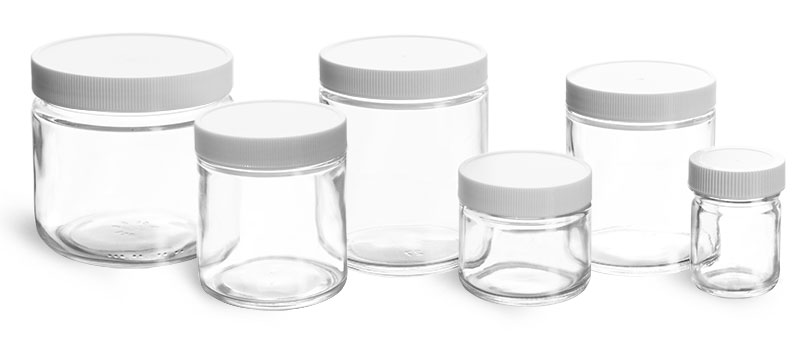 Clear Glass Lab Jars w/ White Polypro Ribbed Lined Caps
