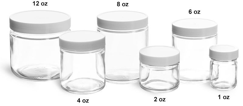 Laboratory Glass Jars, Clear Straight Sided Glass Jars With White Polypropylene Ribbed Lined Caps     