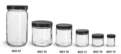 Glass Jars, Clear Glass Jars w/ Black Ribbed PE Lined Caps 