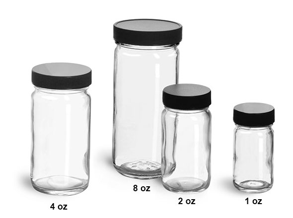 Laboratory Glass Jars, Clear Glass Paragon Jars w/ Black Ribbed PE Lined Caps        