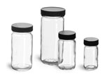 Laboratory Glass Jars, Clear Glass Paragon Jars w/ Black Ribbed PE Lined Caps