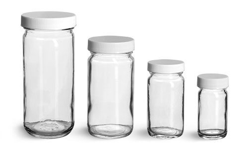 Laboratory Glass Jars, Clear Glass Paragon Jars w/ Lined White Ribbed PE Lined Caps 