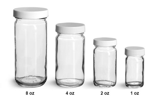Laboratory Glass Jars, Clear Glass Paragon Jars w/ Lined White Ribbed PE Lined Caps         