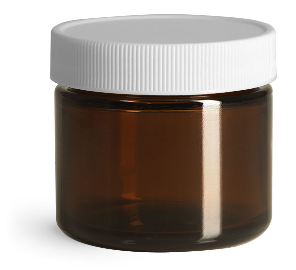 Laboratory Glass Jars, Amber Glass Straight Sided Jars w/ White Ribbed Teflon Lined Caps