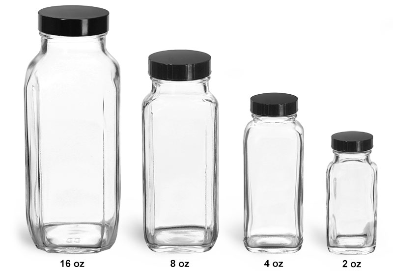 Glass Laboratory Bottles, French Square with Black Phenolic Lined Caps