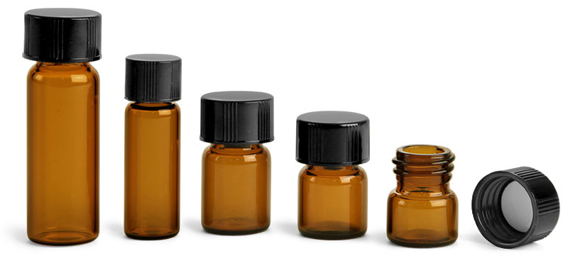 Glass Lab Vials, Amber Glass Lab Vials w/ Black Phenolic PV Lined Caps