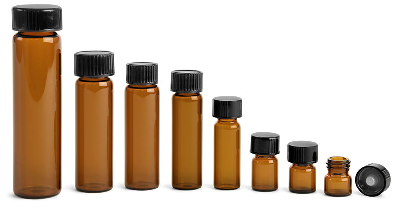 Glass Lab Vials, Amber Glass Lab Vials w/ Black Phenolic Cone Lined Caps